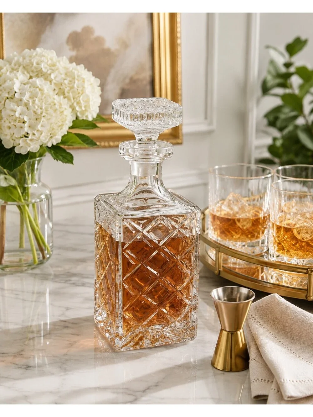 Vintage MCM Cut Crystal Square Decanter w/Stopper Diamond Pattern 9